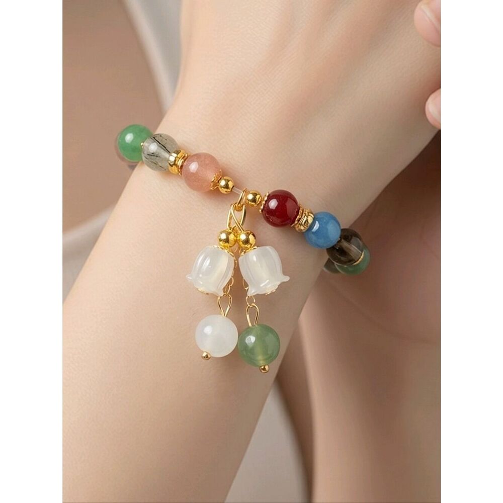 Multicolor Natural Stone Beaded Bracelet Floral Charms Boho Cottagecore
